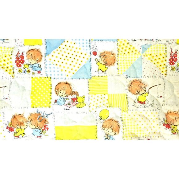 Vintage Patchwork Print Baby Quilt Child Yellow Little Lil Shavers 1970 Satin - Picture 5 of 13